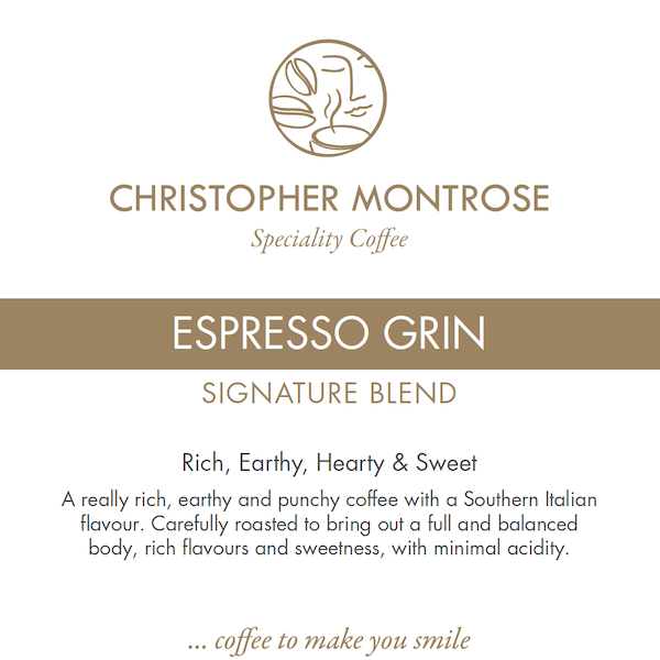 Christopher Montrose Coffee Arabica Espresso Grin coffee beans label with bold branding and vibrant design.