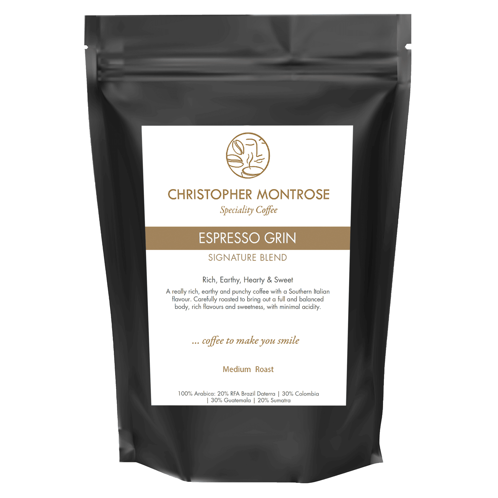 Close-up of Christopher Montrose Coffee Espresso Grin Arabica Coffee Beans in a transparent container.