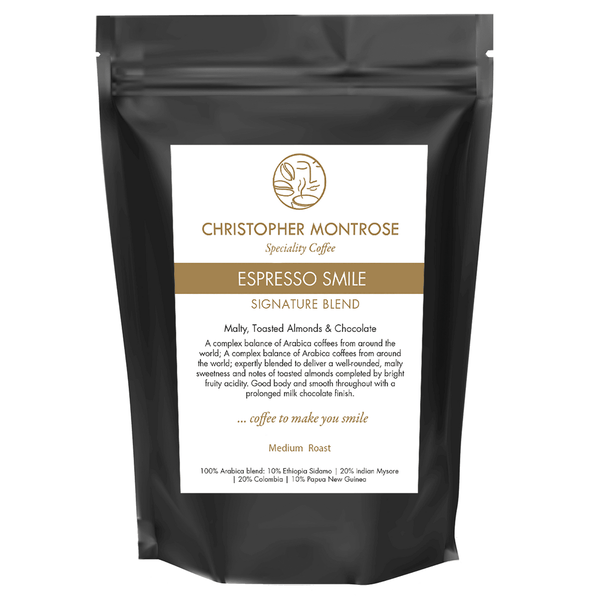 Close-up of Christopher Montrose Coffee Arabica Espresso Smile coffee beans on a white background.
