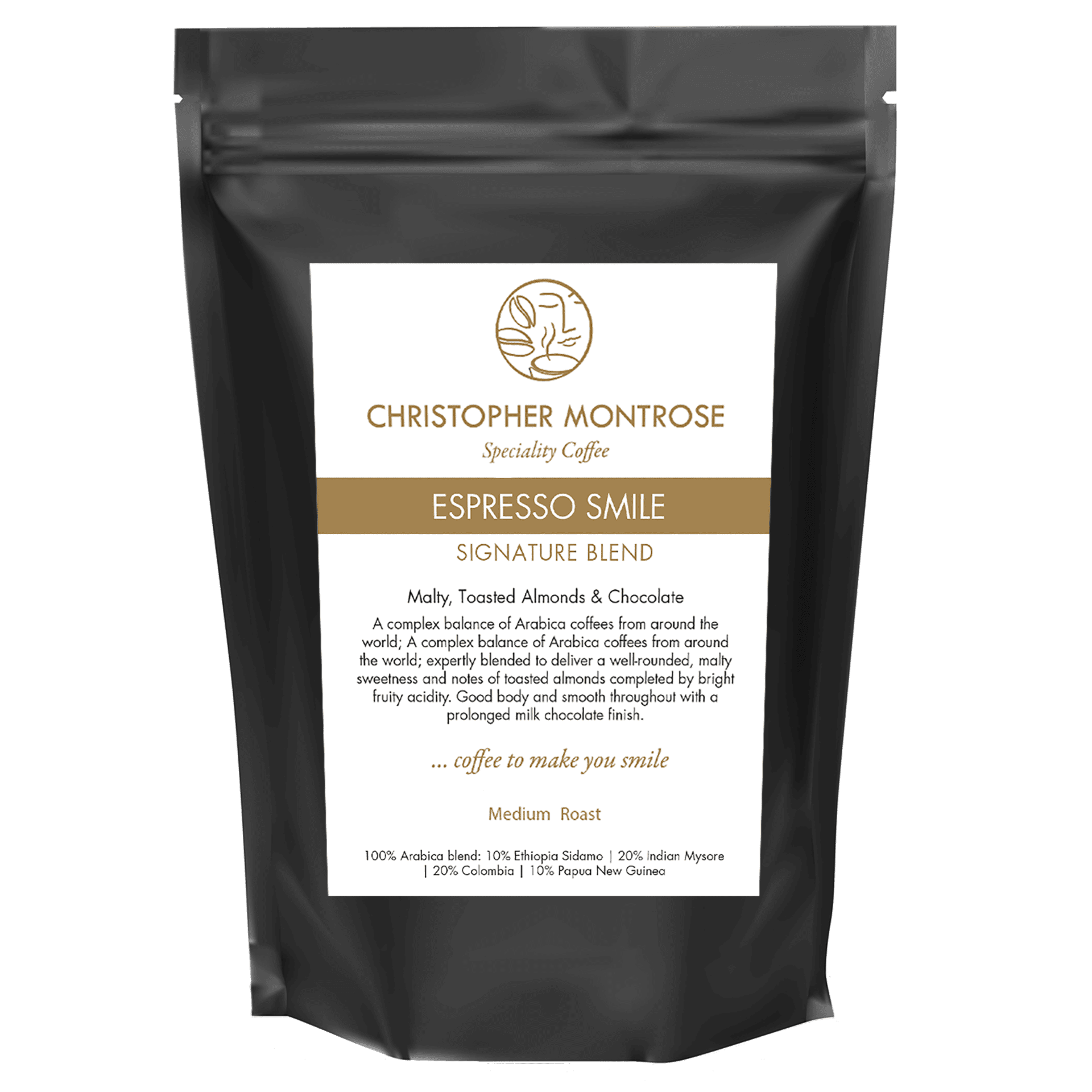 Fresh Arabica coffee beans from Christopher Montrose Coffee labeled Espresso Smile with a transparent background.