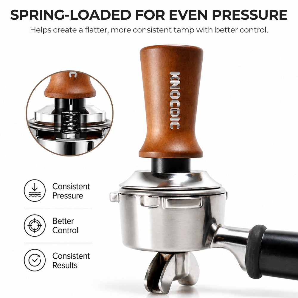 KNOCDIC® espresso tamper with spring-loaded base for even coffee tamping, shown with detailed view of the handle and base.