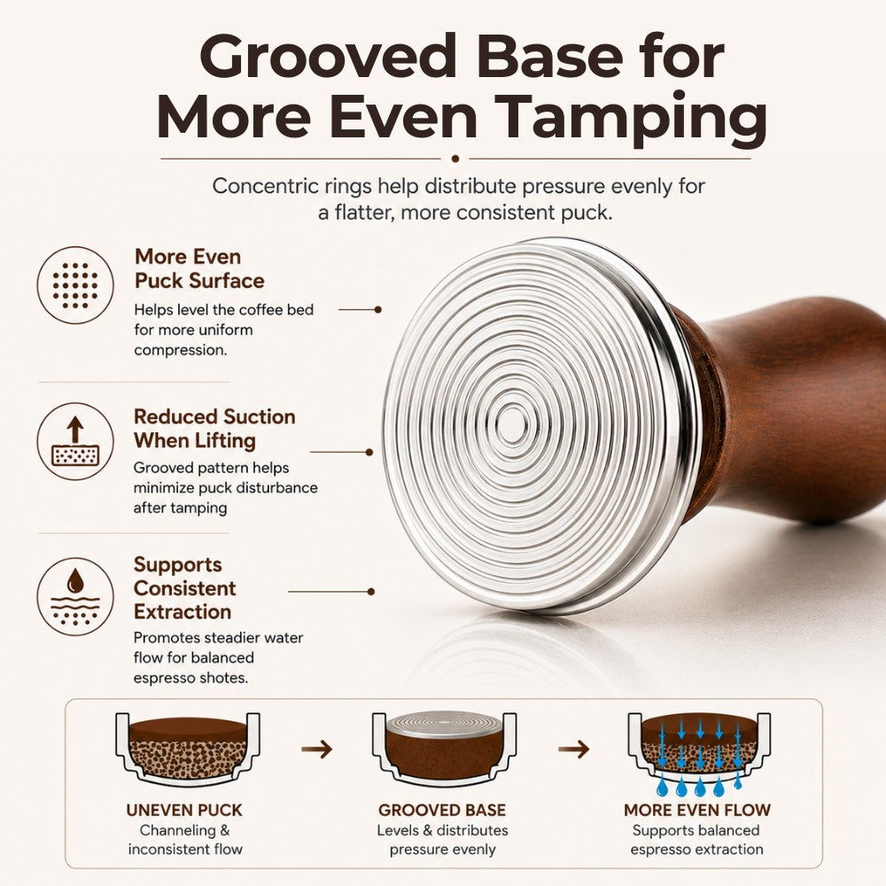 KNOCDIC® espresso tamper with grooved base and spring-loaded mechanism for even coffee tamping in espresso machines.