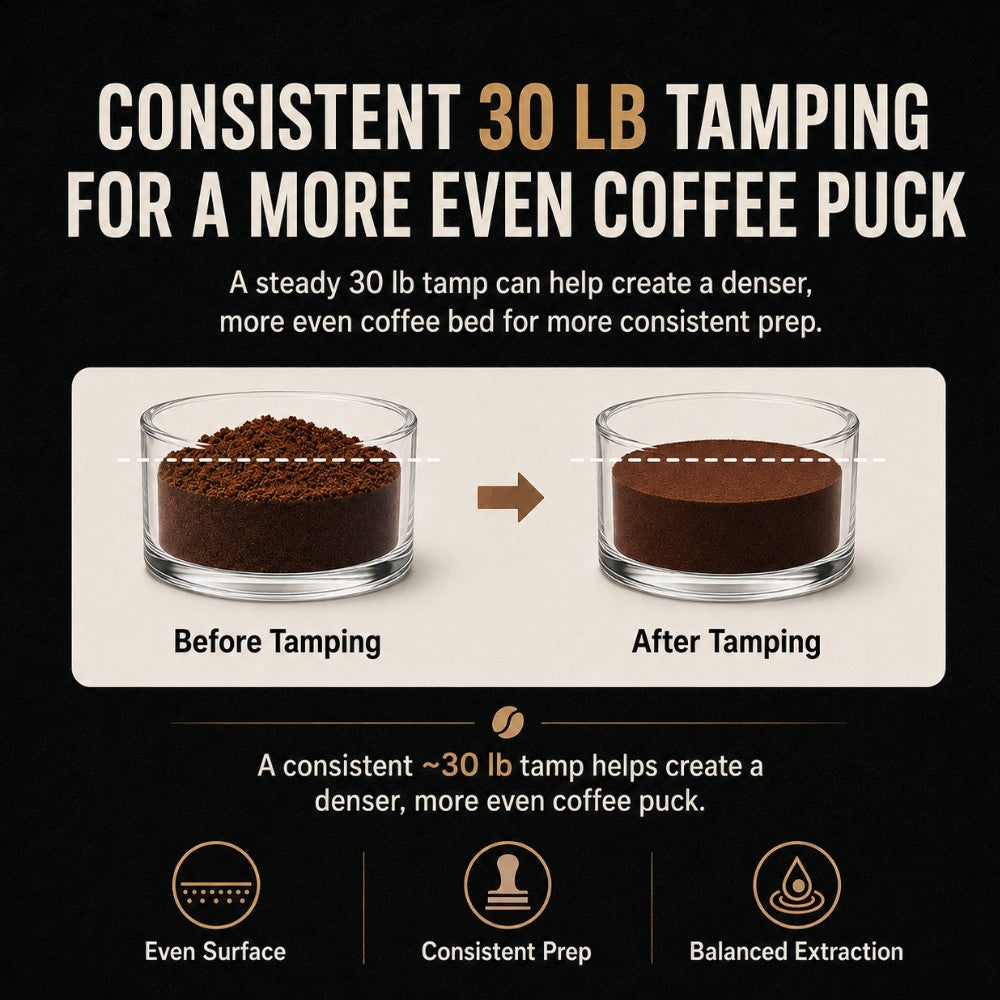 KNOCDIC® espresso tamper with spring-loaded base for even coffee tamping in professional espresso machines.