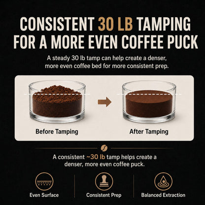 KNOCDIC® espresso tamper with spring-loaded base for even coffee tamping in professional espresso machines.