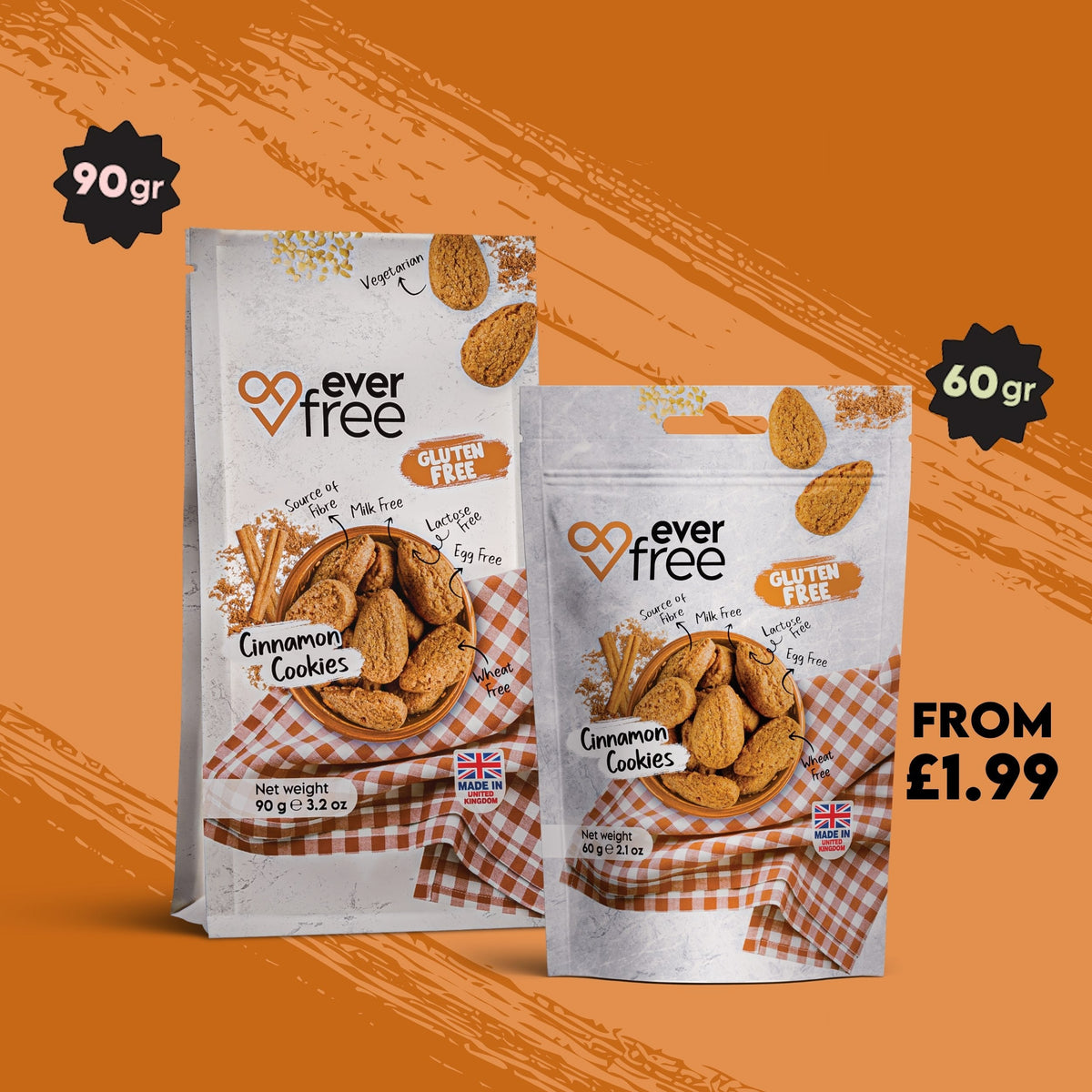 Pack of 32 EverFree gluten-free cinnamon cookies, showing golden-brown baked cookies with cinnamon flavor and crispy texture.