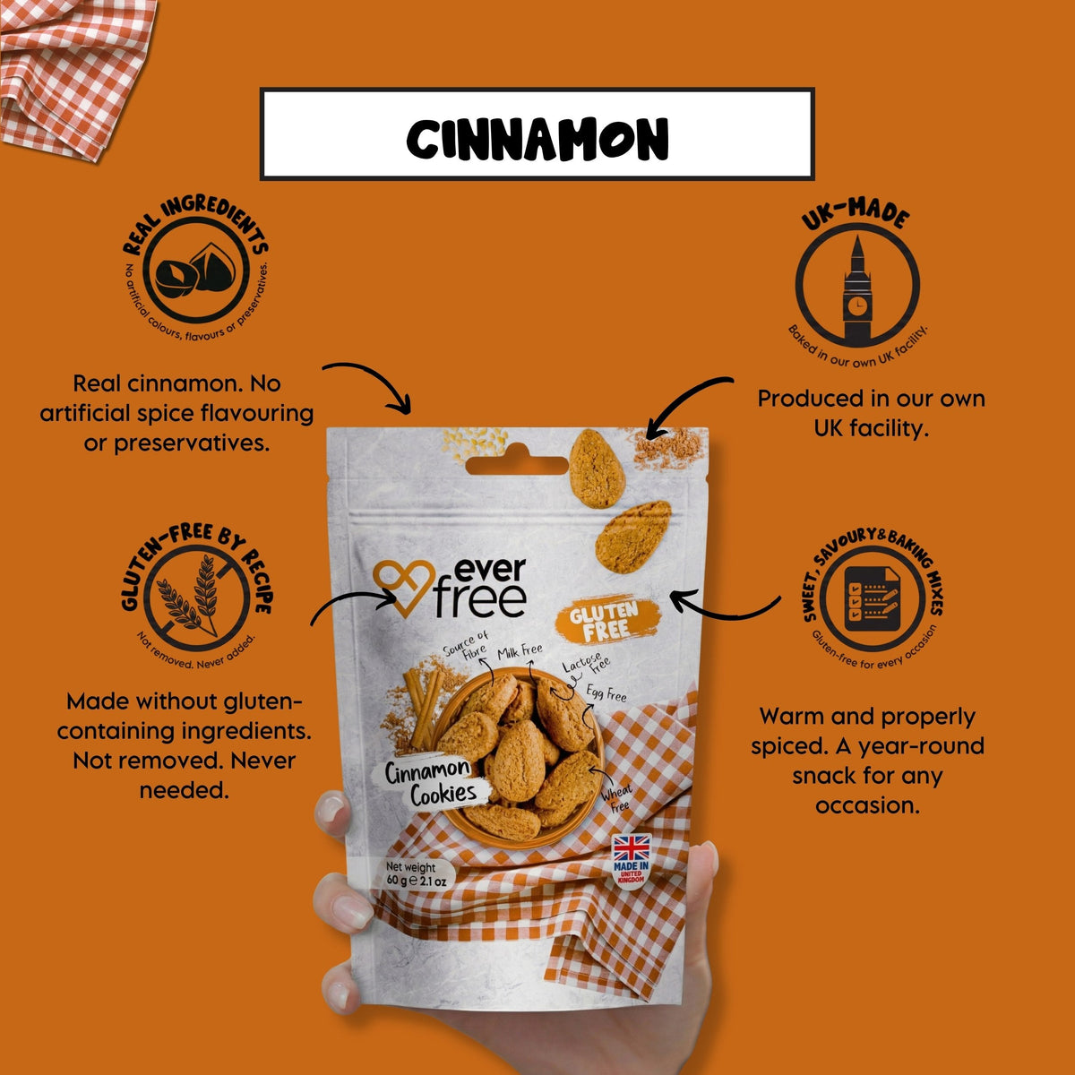 Pack of 33 EverFree gluten-free cinnamon cookies with a golden-brown appearance and cinnamon sugar coating.