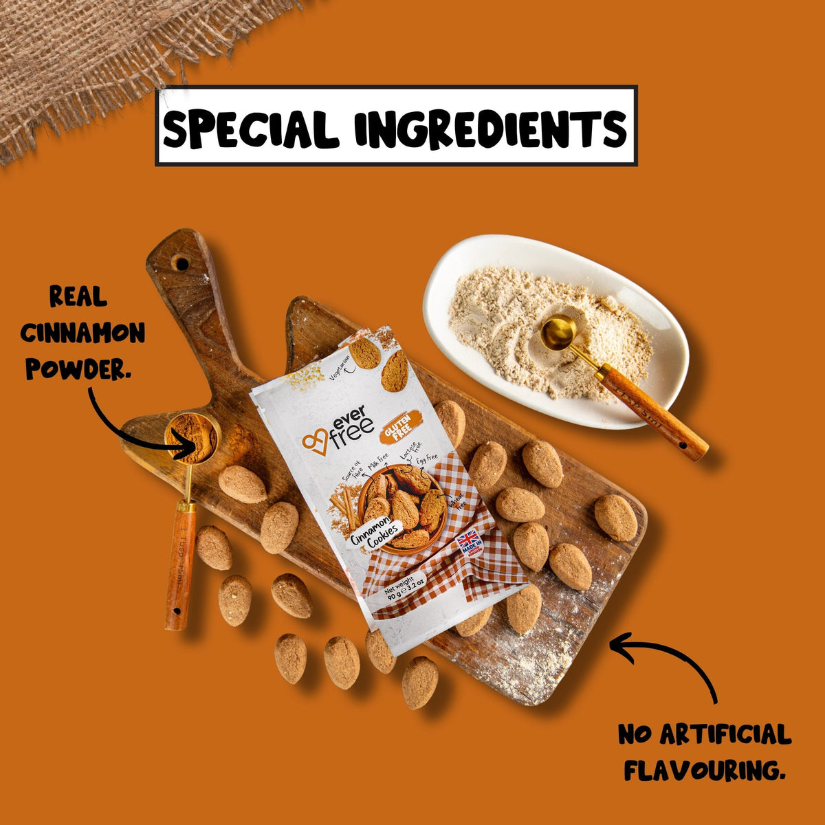 Pack of 34 EverFree gluten-free cinnamon cookies with a crispy, golden-brown appearance on a white background.