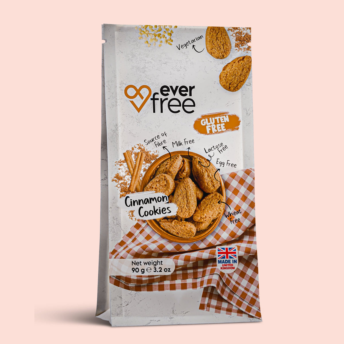 Three packs of EverFree gluten-free cinnamon cookies with crispy, golden-brown cookies visible in the image.