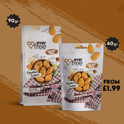 EverFree gluten free hazelnut cookie on a plate, showcasing its crispy texture and rich hazelnut filling.