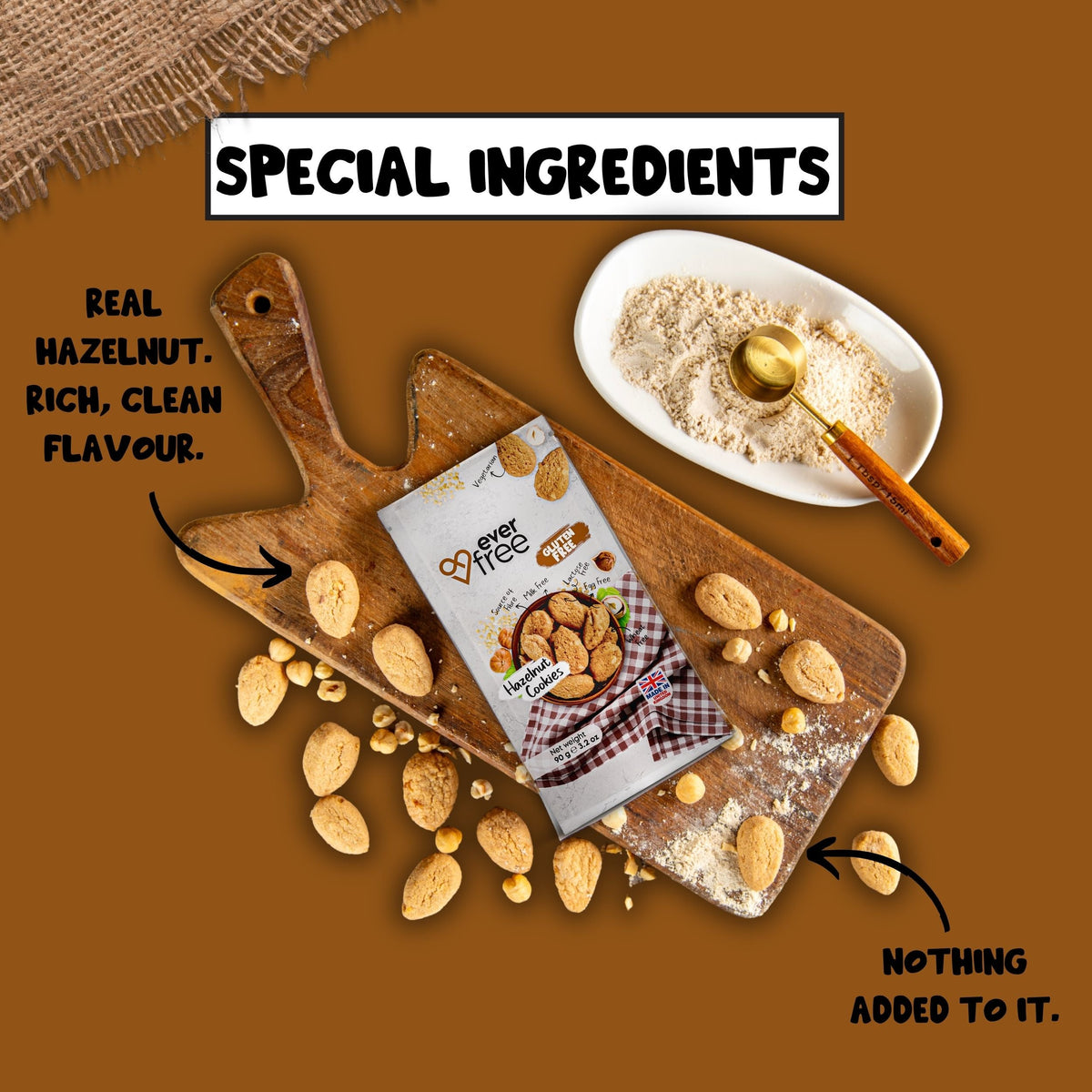 EverFree gluten-free hazelnut cookie showing a golden-brown, nut-filled treat on a white background.