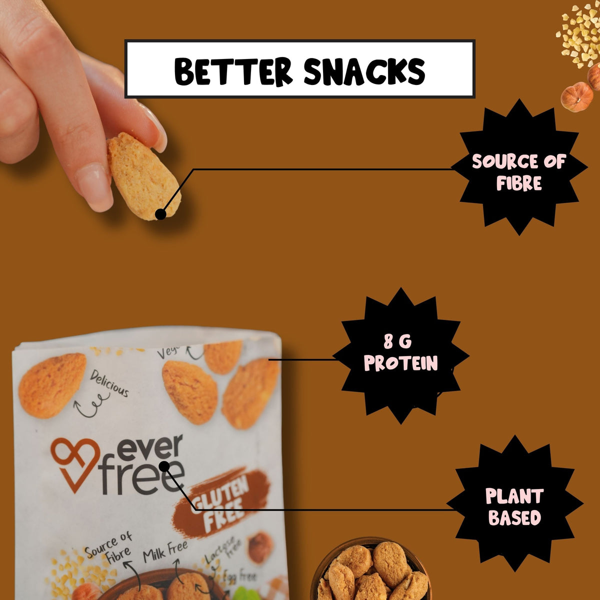 EverFree gluten-free hazelnut cookie showing a golden-brown, crunchy cookie with visible hazelnuts on a white plate.