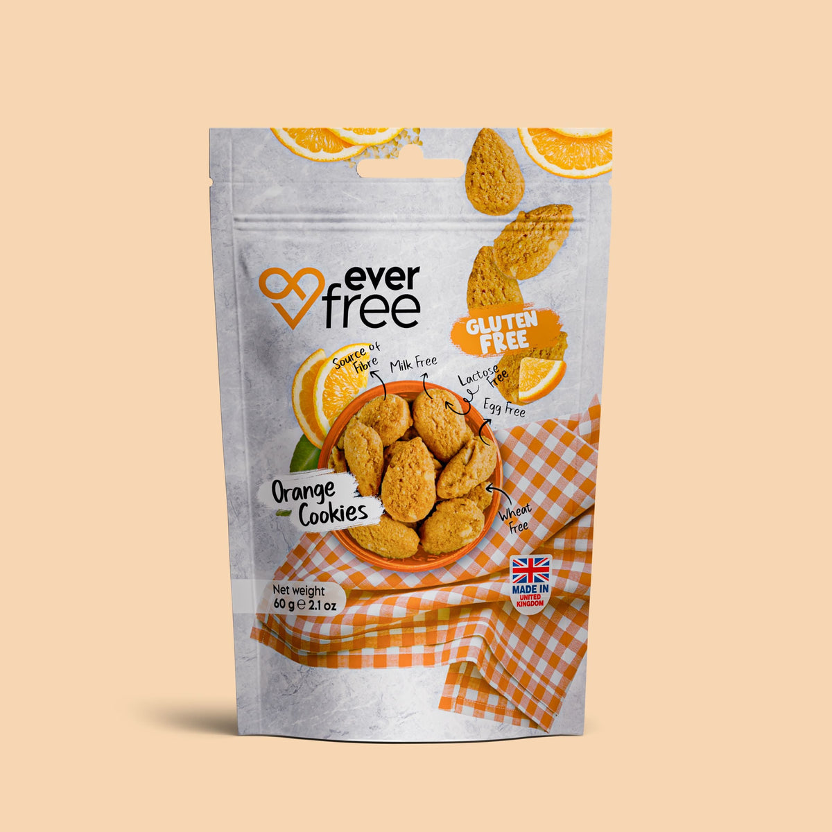 Three packs of EverFree gluten-free orange cookies, 60g each, showcasing vibrant orange-flavored cookies in clear packaging.