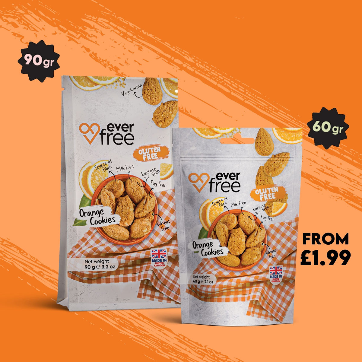 Box of 32 EverFree gluten-free orange cookies, showing individually wrapped cookies with bright orange flavor and crisp texture.