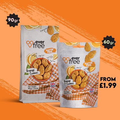 Box of 32 EverFree gluten-free orange cookies, showing individually wrapped cookies with bright orange flavor and crisp texture.