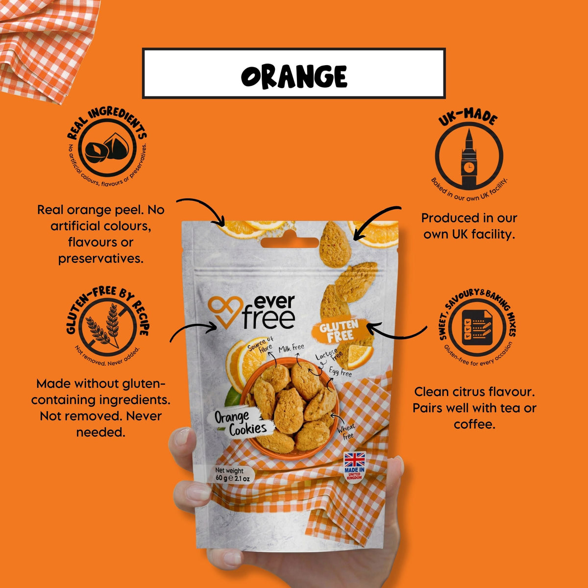 Pack of 33 EverFree gluten-free orange cookies showing bright orange cookies with textured surface.