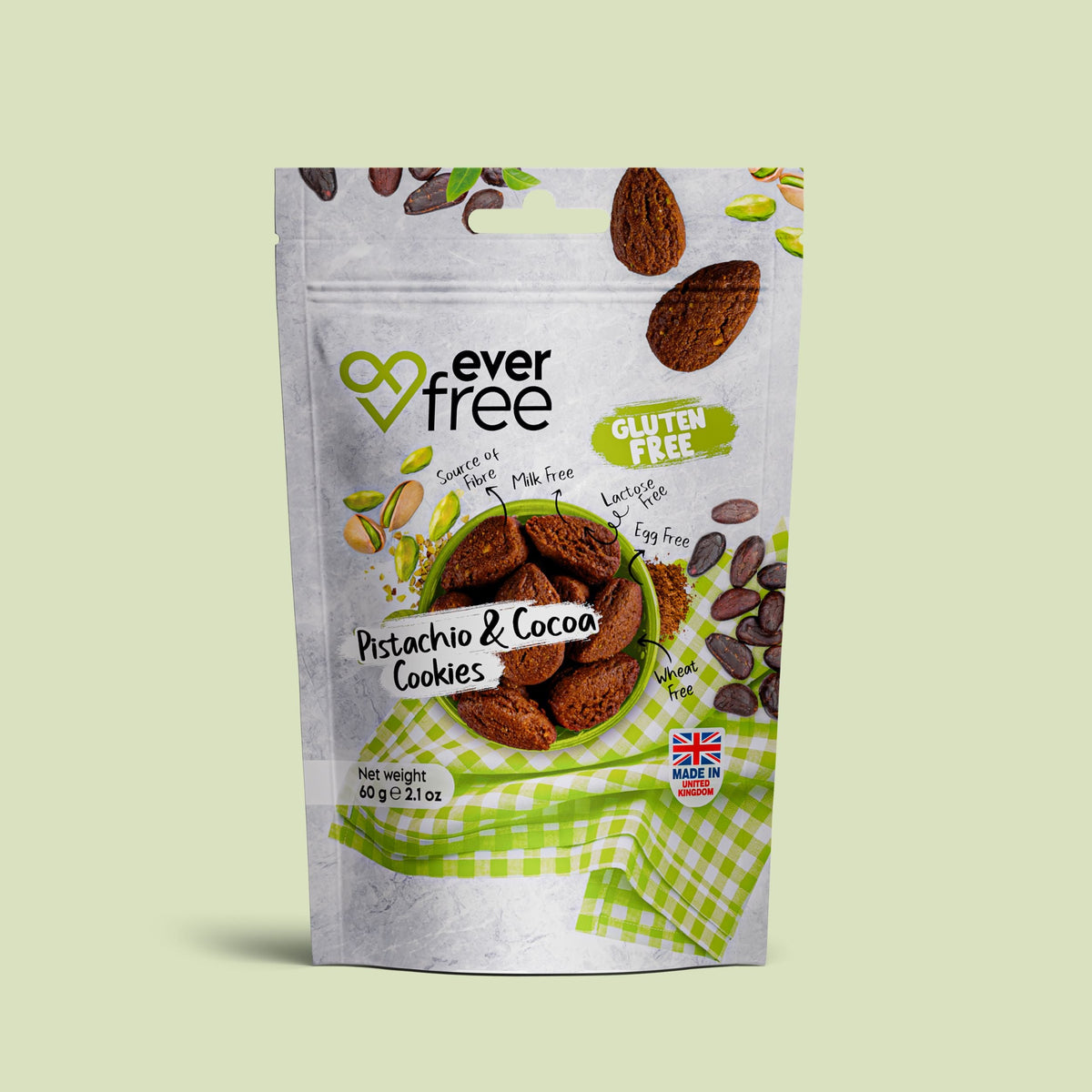 EverFree gluten-free pistachio and cocoa cookie in packaging, showcasing a crispy, nutty treat with rich cocoa flavor.