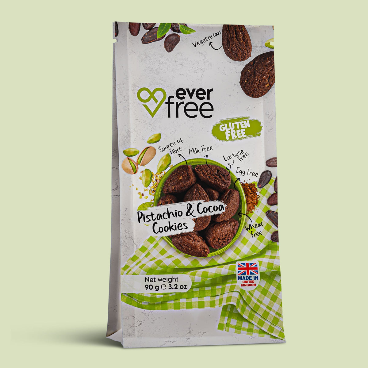 Pack of three gluten-free pistachio and cocoa cookies from EverFree, showing cookies with pistachio pieces and cocoa coating.