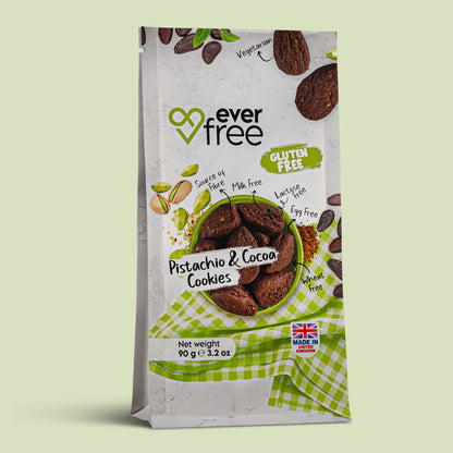 Pack of three gluten-free pistachio and cocoa cookies from EverFree, showing cookies with pistachio pieces and cocoa coating.