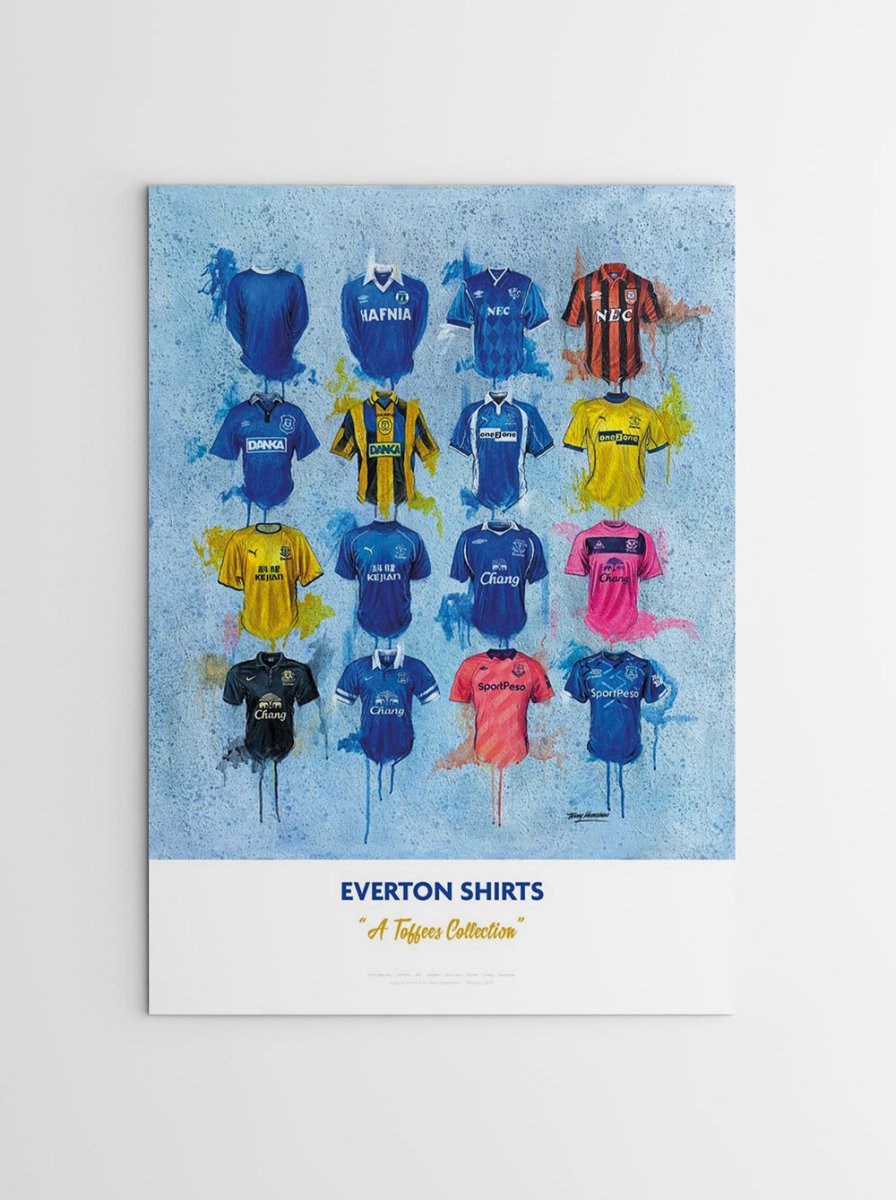 Limited edition signed print of Everton FC shirts by Terry Kneeshaw Art, featuring detailed artwork of iconic football jerseys.