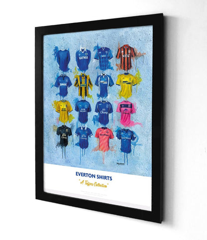 Limited edition signed print of Everton FC shirts by Terry Kneeshaw Art, featuring iconic Everton jersey designs.