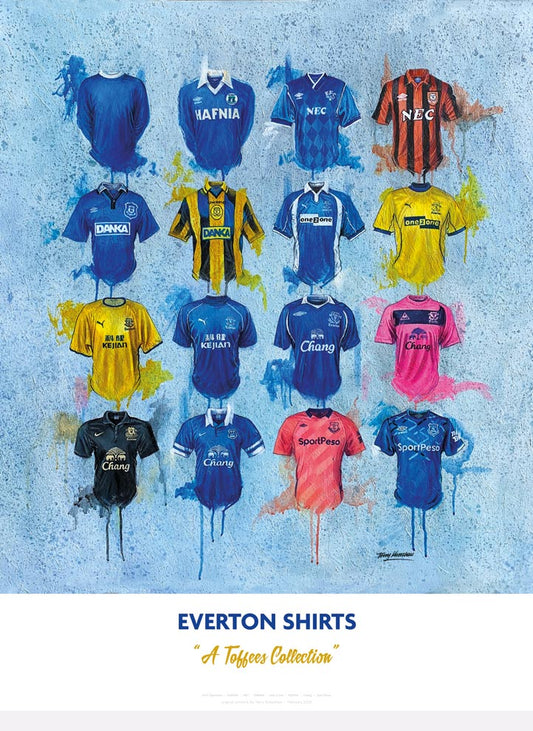 Limited edition signed print of Everton FC shirts by Terry Kneeshaw Art, featuring iconic team jerseys in detailed artwork.