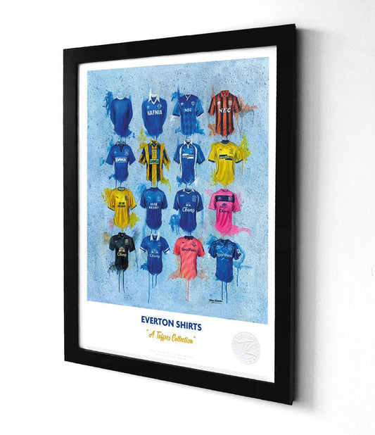 Limited edition A3 framed print of Everton FC Toffees shirt wall art by Terry Kneeshaw Art showing iconic team jerseys