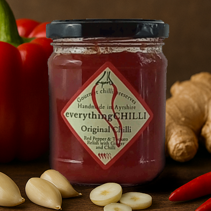 Gourmet chilli jam beside its fresh natural ingredients, made in Scotland