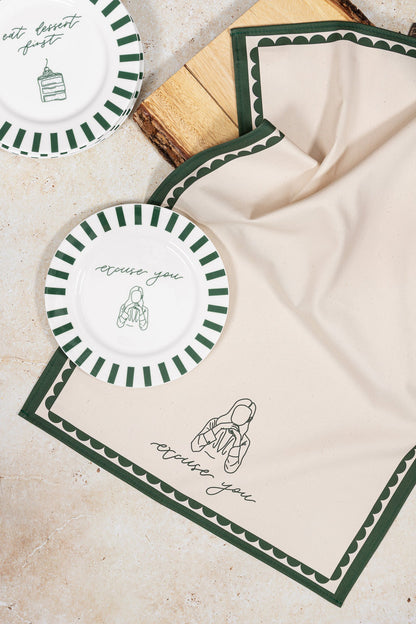 Excuse You Bone China Plate by Avalon Home UK displayed on a teatowel, showcasing elegant white ceramic with a humorous phrase.