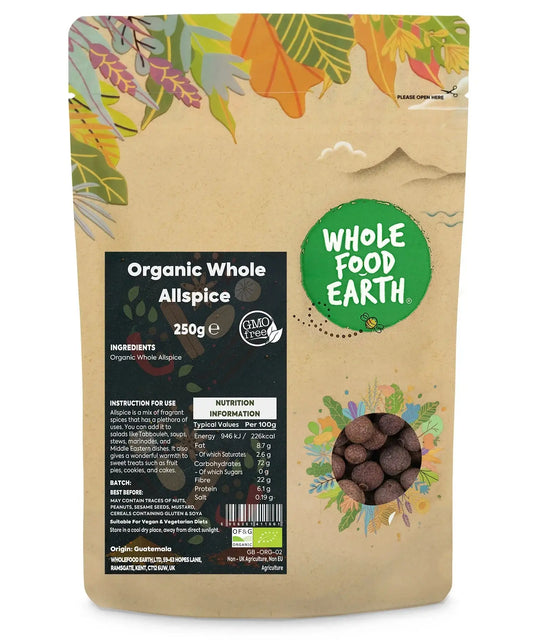 Whole organic allspice berries in a clear jar from ArtisanBox, showcasing the rich brown spice with textured surface.