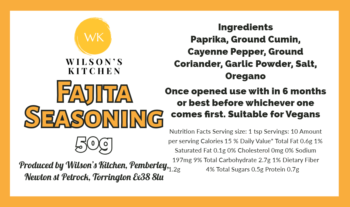 Wilson’s Kitchen fajita seasoning in a spice jar, featuring a colorful blend of spices for flavorful fajita dishes.