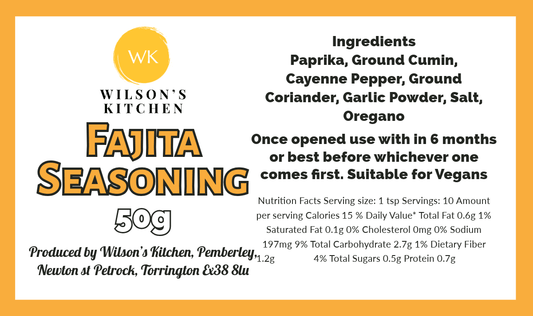Wilson’s Kitchen fajita seasoning in a spice jar, featuring a colorful blend of spices for flavorful fajita dishes.