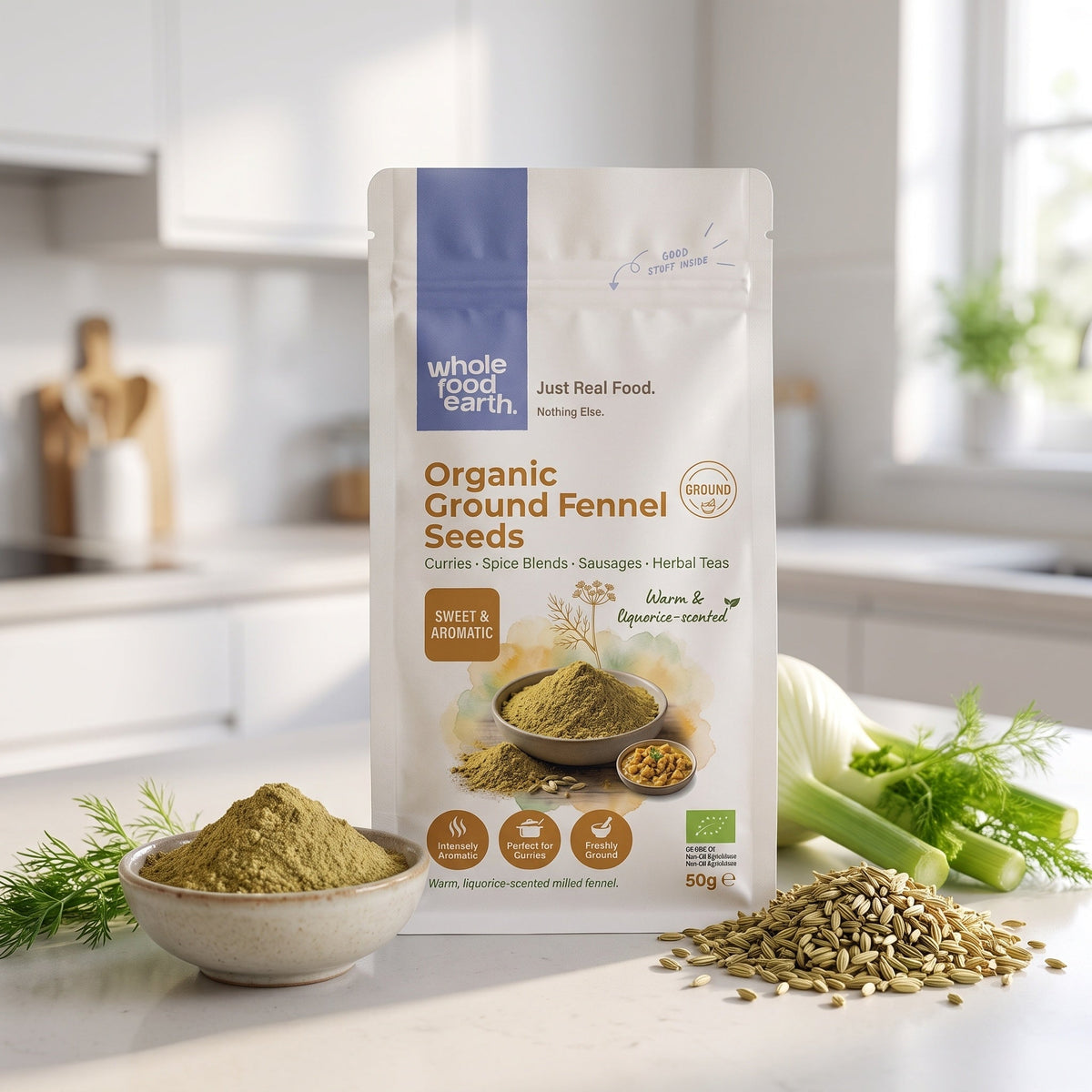 Organic ground fennel seeds from Whole Food Earth, aromatic herbs and spices for cooking and seasoning.