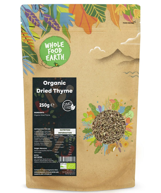 Organic thyme herb from Whole Food Earth, fresh green leaves, used for cooking and seasoning in herbs and spices collection.