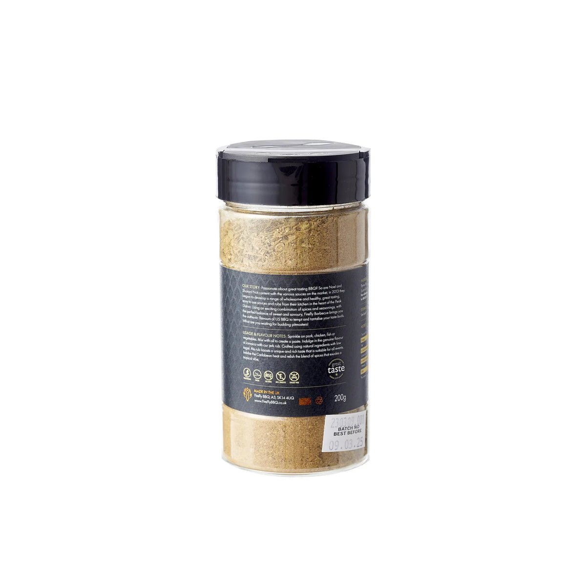 FireFly Barbecue Boston Beach Jerk Rub in a jar, showing its flavorful spice blend for grilling and BBQ seasoning.