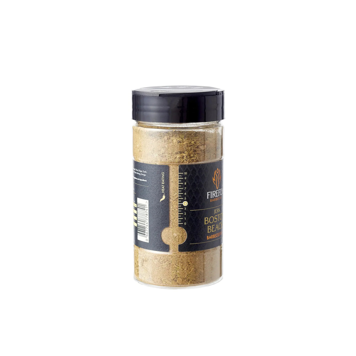 FireFly Barbecue Boston Beach Jerk Rub in a jar, showcasing the spicy barbecue rub for grilling and flavoring meats.