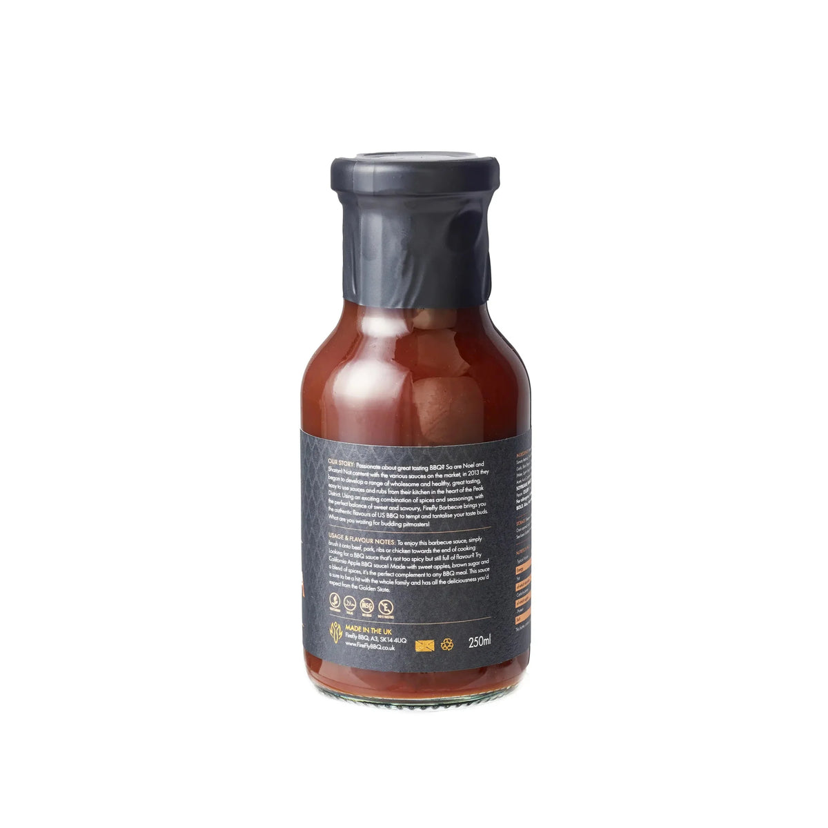 FireFly Barbecue California Apple BBQ Sauce bottle with label, showcasing rich, flavorful BBQ sauce for grilling and dipping.