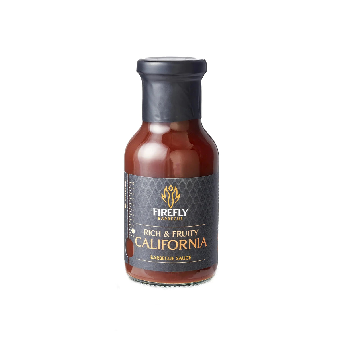 FireFly Barbecue California Apple BBQ Sauce in a glass bottle, showcasing its rich, flavorful sauce with apple and smoky notes
