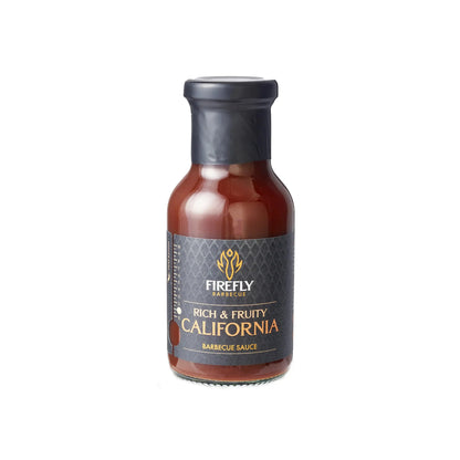 FireFly Barbecue California Apple BBQ Sauce in a glass bottle, showcasing its rich, flavorful sauce with apple and smoky notes