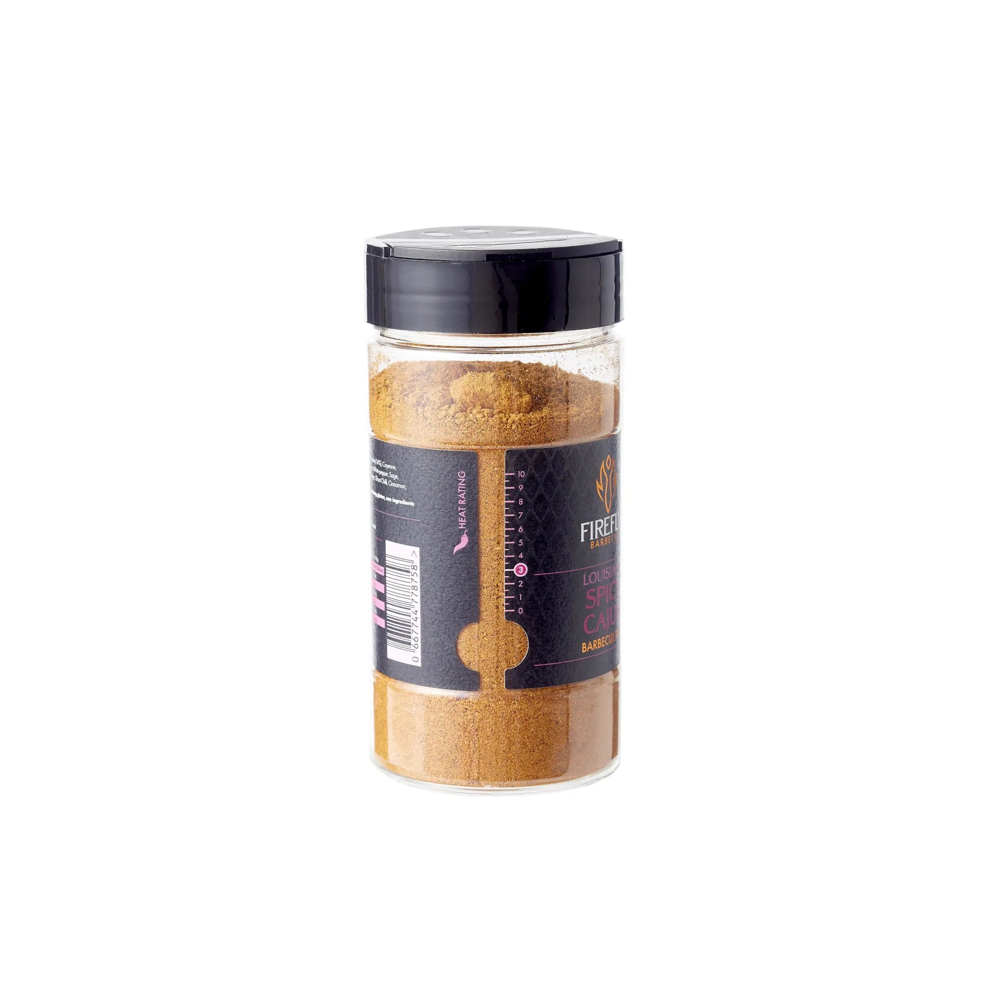 FireFly Barbecue Louisiana Spicy Cajun BBQ Rub in a jar, featuring vibrant red and green spices for bold flavor.