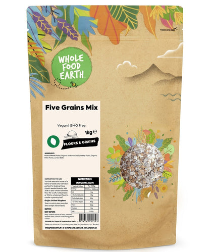Whole Food Earth Five Grains Mix in a bowl, showing a colorful blend of various grains for healthy cooking and baking.