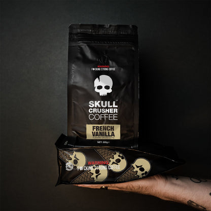 Skull Crusher Coffee French Vanilla coffee bag with vanilla flavor label and branding details.