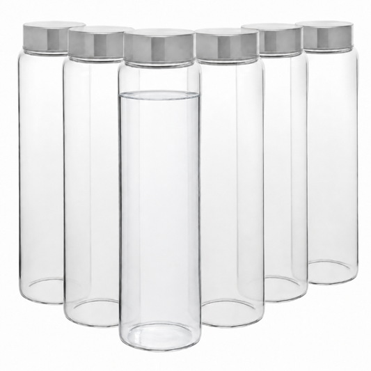 Set of six 1-liter Glassware UK screw top glass bottles filled with clear water, showing a front view with secure lids.