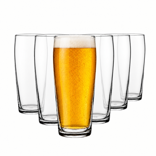 Six Ale Craft Beer Tankard Glasses filled with beer, 570ml capacity, clear glassware set by Glassware UK.