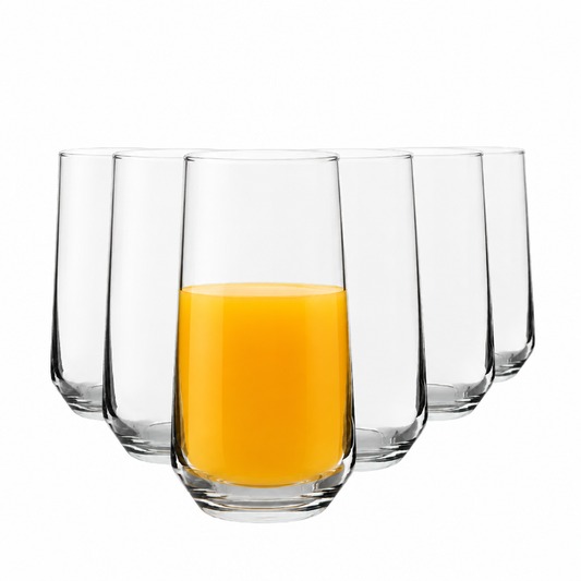 Set of six Allegra long drink glasses by Glassware UK filled with orange juice, showcasing clear 470ml glassware design.