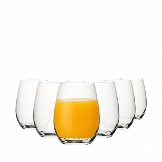 Set of six Amber Tumblers from Glassware UK filled with orange juice, featuring a clear glass design and 440ml capacity.
