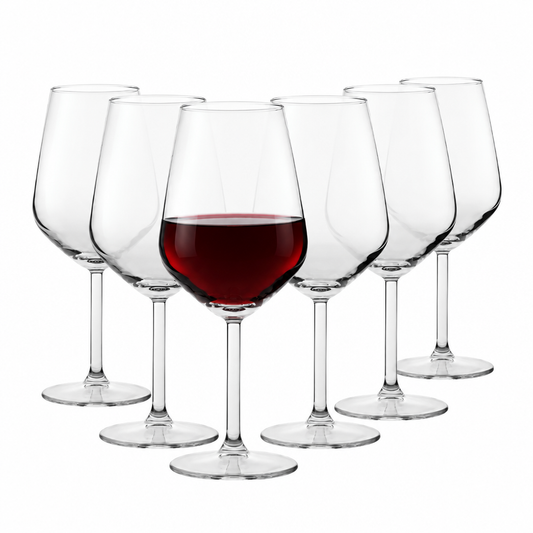 Set of six Allegra red wine glasses by Glassware UK, 490ml capacity, filled with red wine, showcasing elegant stemware design.