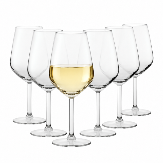 Set of six Allegra white wine glasses by Glassware UK, 350ml capacity, clear glasses filled with white wine.