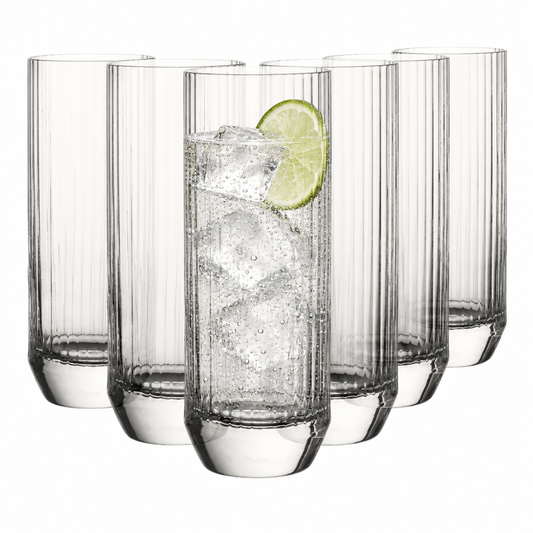Set of six Glassware UK Big Top highball glasses with 300ml capacity, featuring a clear design ideal for gin and tonic drinks.