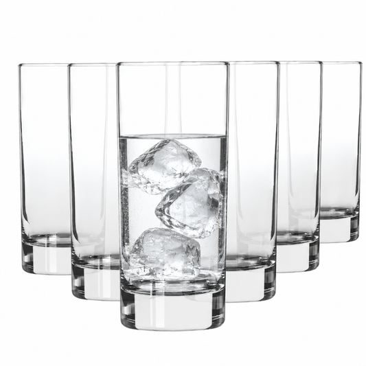 Set of six Glassware UK whisky tumblers with a front view of highball glasses filled with water and ice, 290ml capacity