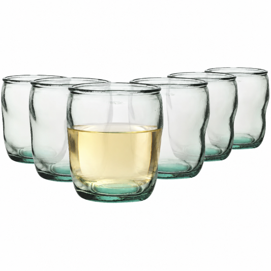 Set of six Authentico Recycled Low Glasses by Glassware UK, 350ml whisky tumblers filled with white wine, showcasing eco-friendly glassware.